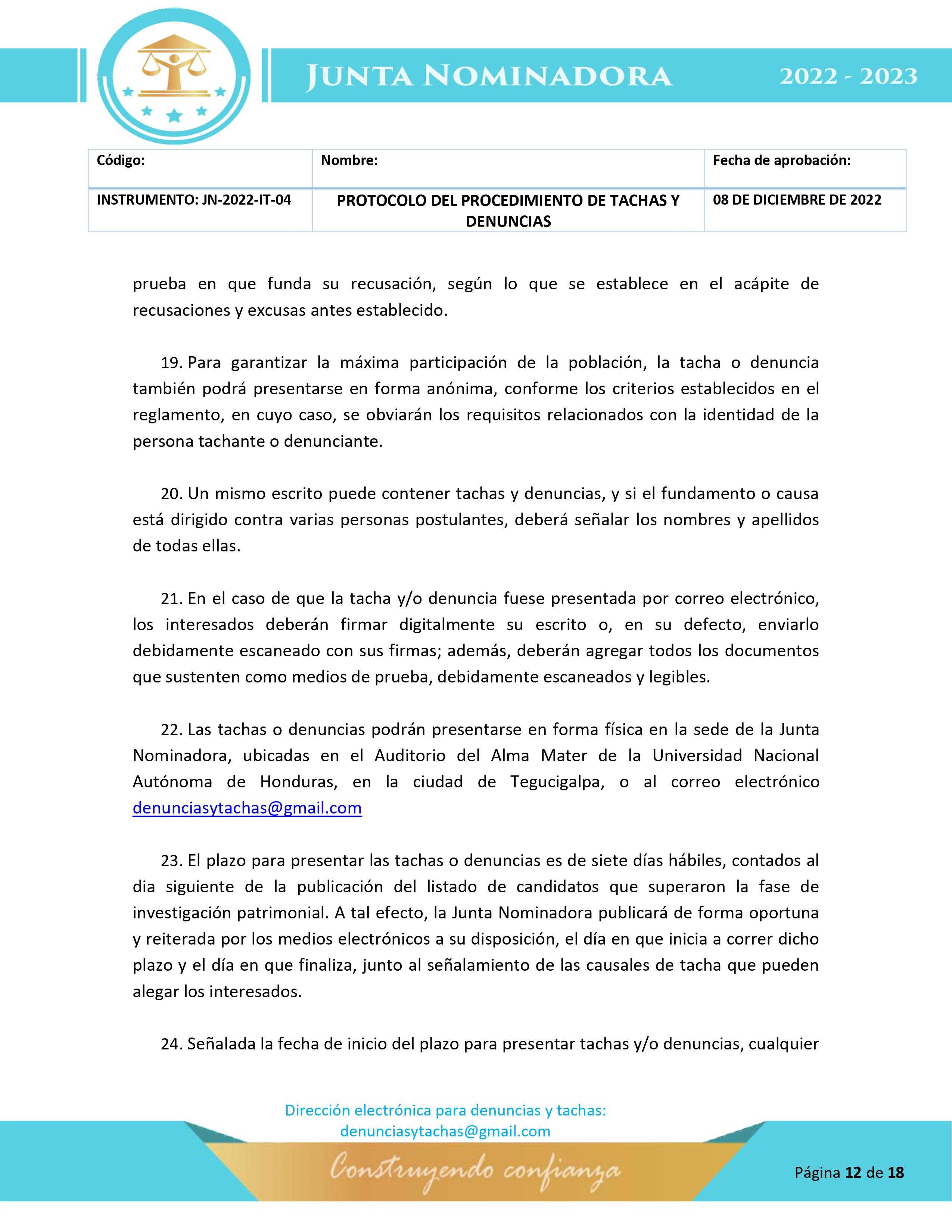 Protocolo para la etapa de tachas y denuncias